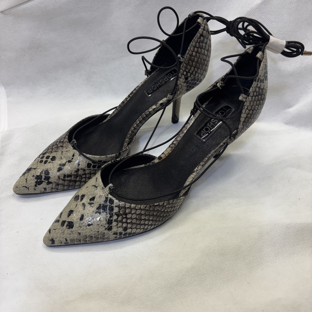 Topshop Women's Snake Print Closed Toe Strappy High Stiletto 3in Heels Sz 6